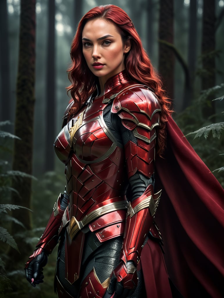 Gal gadot in red armor and red hair against the backdrop of a forest in red-burgundy tones, blurred background, focus on the girl, detailed armor, Dramatic Lighting, Depth of field, Incredibly high detailed