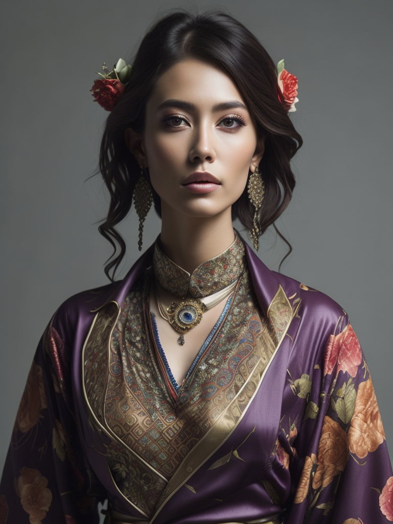 full body pose of a woman in a colorful, intricate, floral kimono, jewel tones, vibrant colors, action pose, details on sleeves and skirt, glamour pose, hyper-realist style :: hyper detailed, 8k, exquisite detail