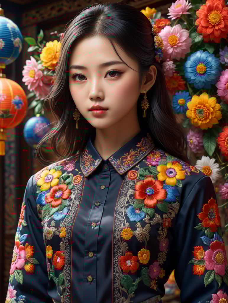 A young Japanese girl stands proudly in his traditional embroidered shirt, surrounded by vibrant colors and intricate patterns. The 8K Ultra HD resolution captures every detail of his outfit, from the delicate stitching to the rich textures. With the use of octane render, this 3D image comes to life in a stunning isometric view.
