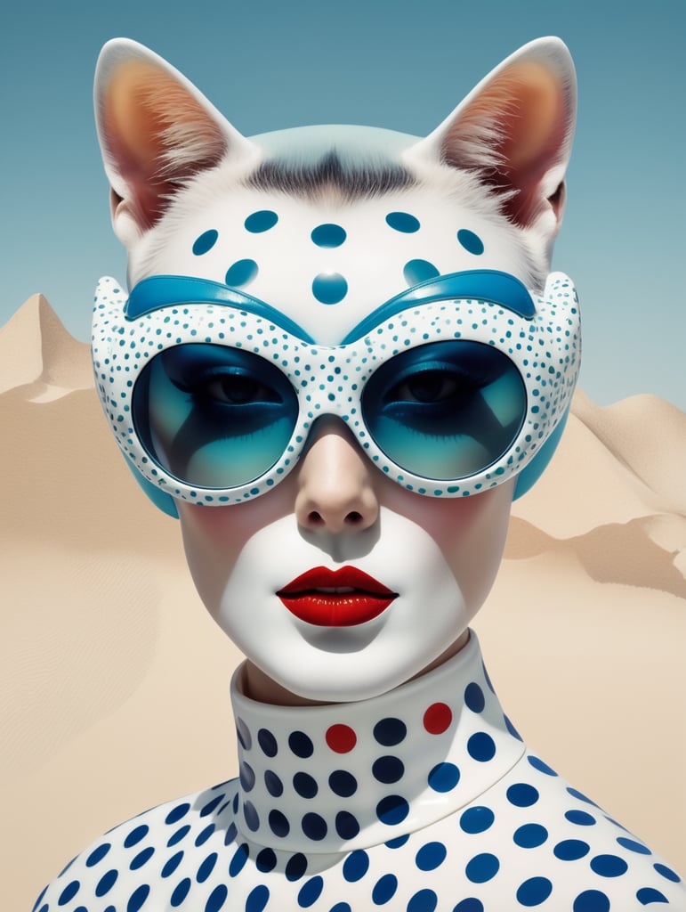 front portrait Photography, transparent porcelain printed with multicolor pop polka dots, pop Courreges air hostess cat woman mask with sunglasses , an attractive, 80 degree view, art by Sergio Lopez , Natalie Shau, James Jean and Salvador Dali