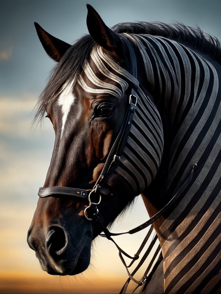 silhouette of a horse's head made with horizontal bars striped