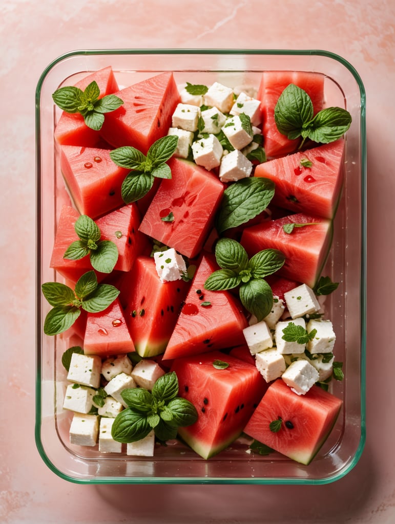 Watermelon Salad with Feta and Mint in a transparent plastic tray, top view, isolated, mockup