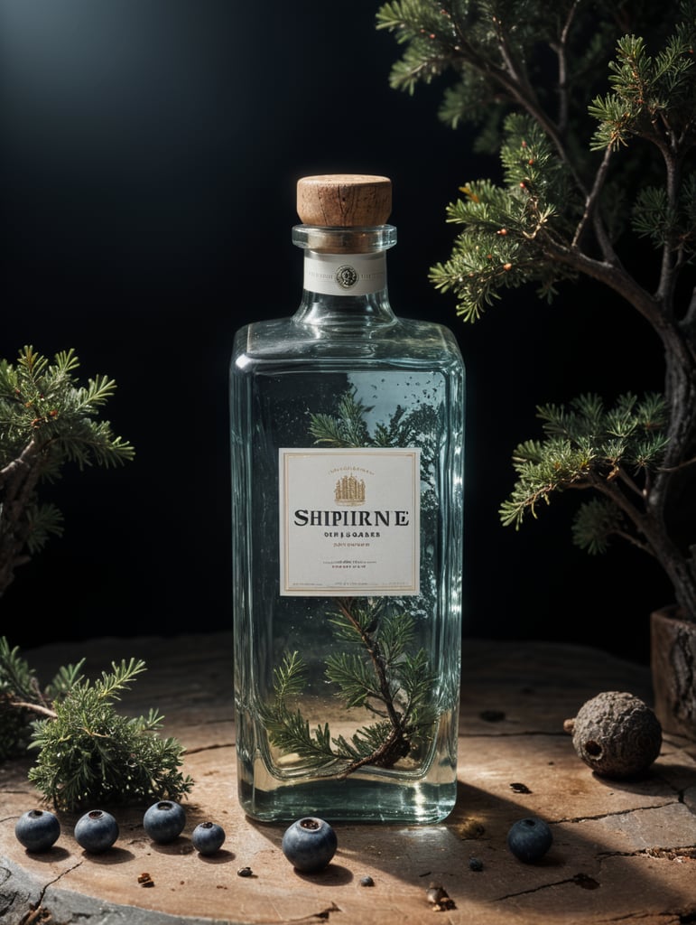 professional photography of a square gin bottle, square bottle, surrounding a juniper and juniper berries, one shot of gin in a front, no label, clear, mockup