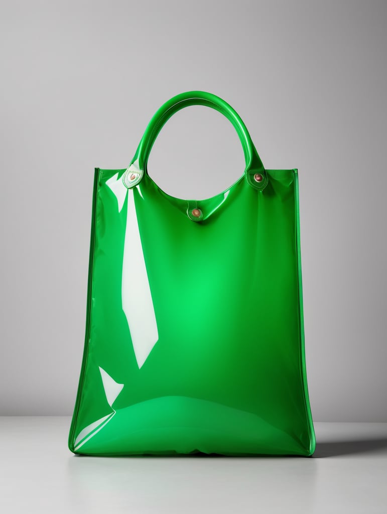 Inflatable vibrant green minimalist women's bag, transparent, isolated, grey background, mockup