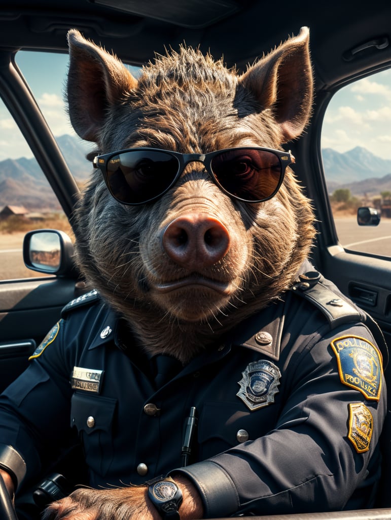 A wild boar police officer, sitting behind the wheel of a police car, close-up shot, sunglasses, clipart, stock photo