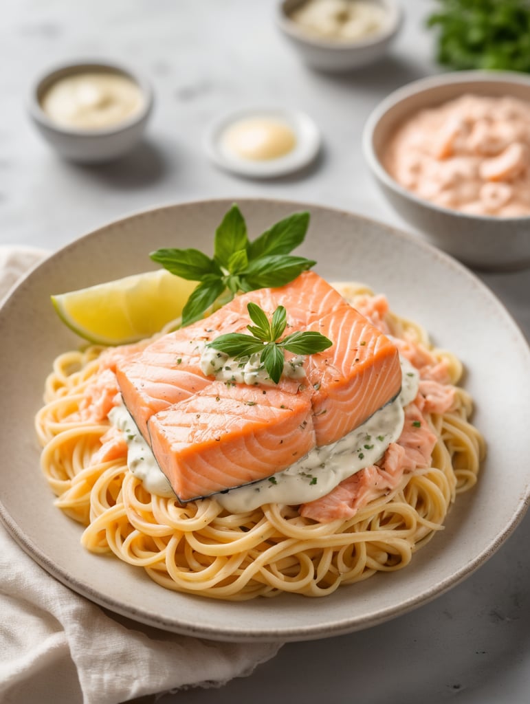 Cream, typically refers to a creamy sauce or spread made with pink salmon as one of its main ingredients. It can be used in a variety of dishes, such as pasta, sandwiches, or as a dip., Food Cinematic, Editorial and vertical Photography, Photography, Shot on 70mm lens, Depth of Field, Bokeh, DOF, Tilt Blur, Shutter Speed 1 1000, F 22, White Balance, 32k, Super-Resolution