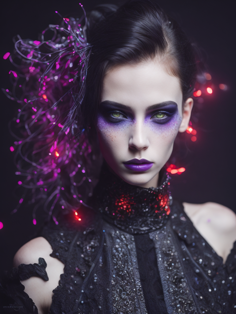 Cybergoth Forever ::0 Lavapunk Fashion Photography, cybergoth, black, minimalism, smoked eye shadow, illuminated white bulging biomorphic dot pattern, luminous eyes, copper, deep midnight purple, red, volcanic landscape, volcanic flowers, bokeh embers, volumetric particle dust, powdered paint pigment, vivid color, misty aether houte-couture rococo lavapunk clothing, ethereal lighting , backlighting