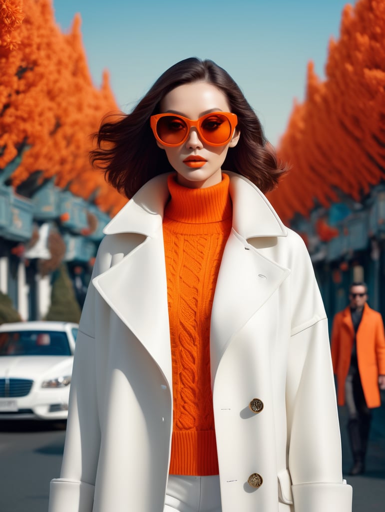 Front face half body photography, in a suburb, a cyber woman model wearing a orange color sweater and wide open white coat and large sunglasses walking in the street, 360 degree view, art by sergio lopez, natalie shau, james jean and salvador dali