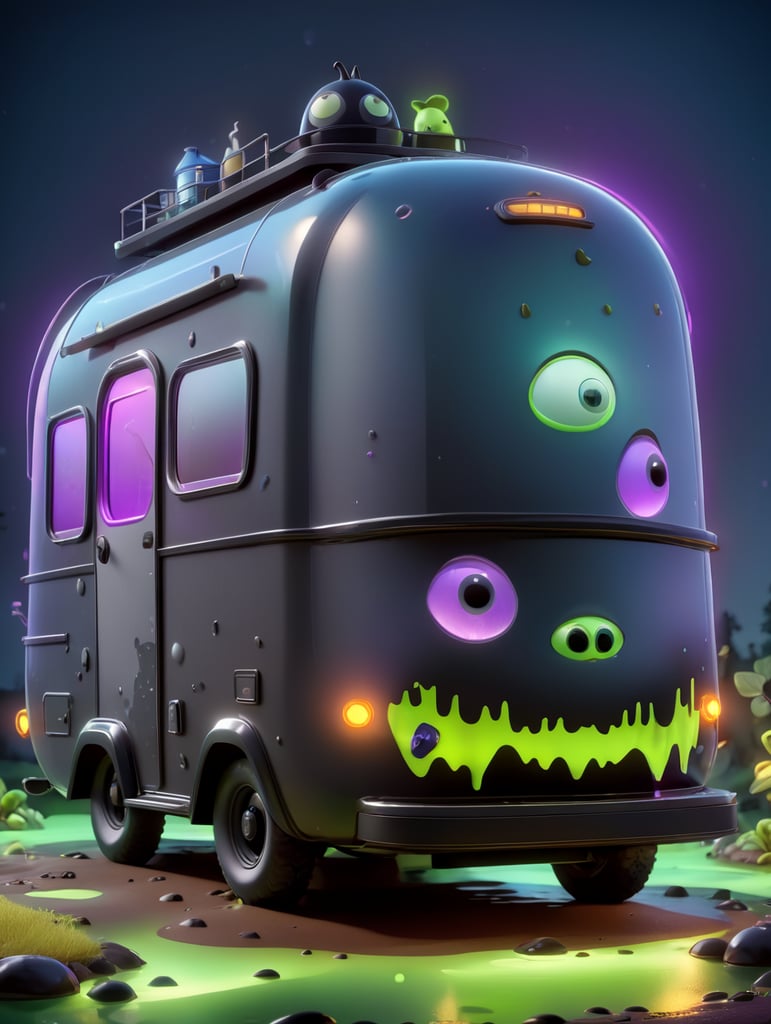 Alien camping trailer made of black alien liquid, translucent with neon lights, liquid dripping from the trailer, dark atmosphere