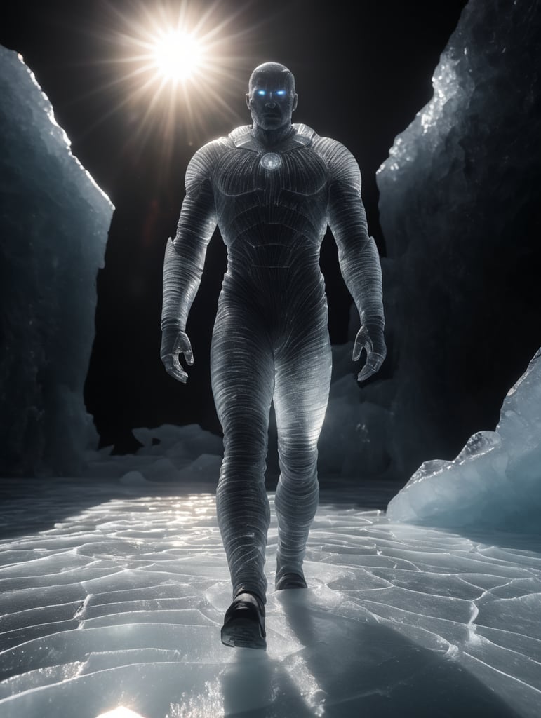 Translucent man made from the ice, walking on the surface of the sun