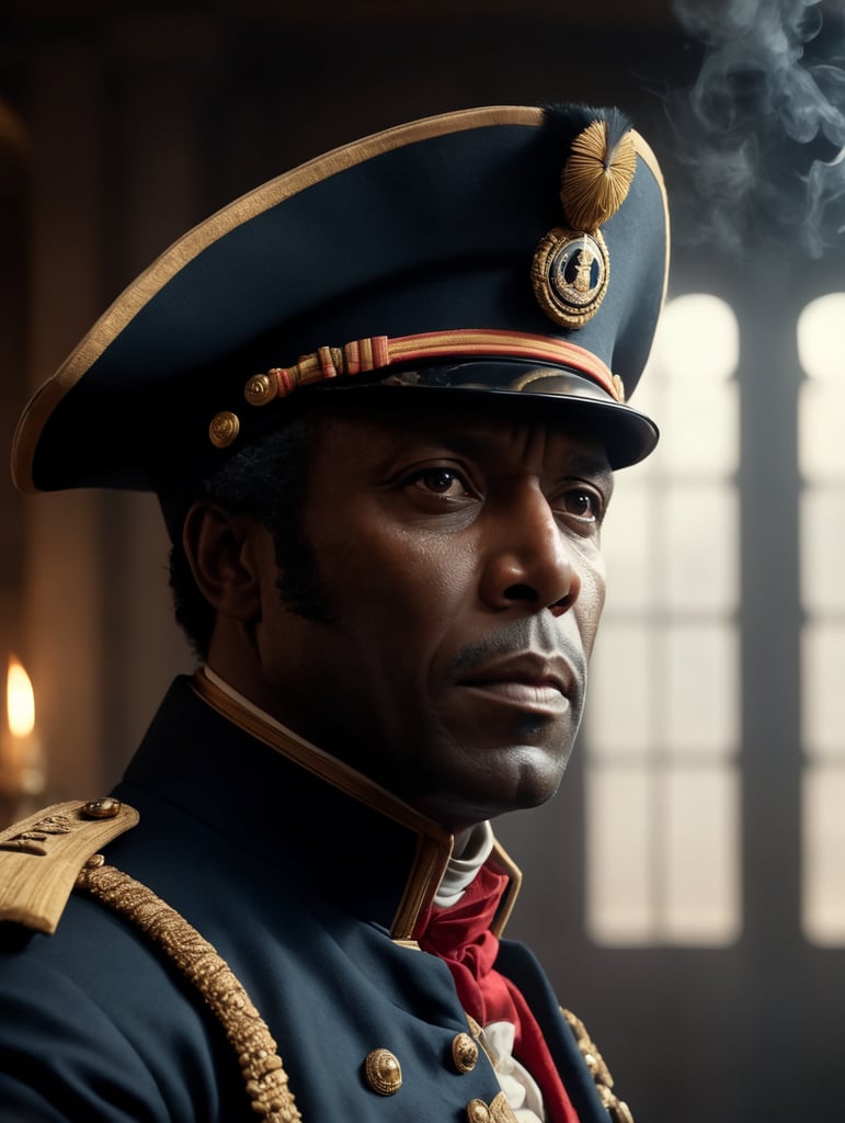Toussaint louverture, haitian revolution general leader 1780's, facing camera, carne griffiths, wadim kashin, pascal blanche, rutkowski, repin. smoke, window, light rays, perfect anatomy, perfect face, perfect fingers, perfect composition, beautiful, detailed, intricate, octane render, 8k, soft natural light, chiaroscuro, masterpiece, award-winning, professional, anatomically correct, breathtaking, sharp focus, emitting diodes, smoke, sparks, artstation, detailed character design