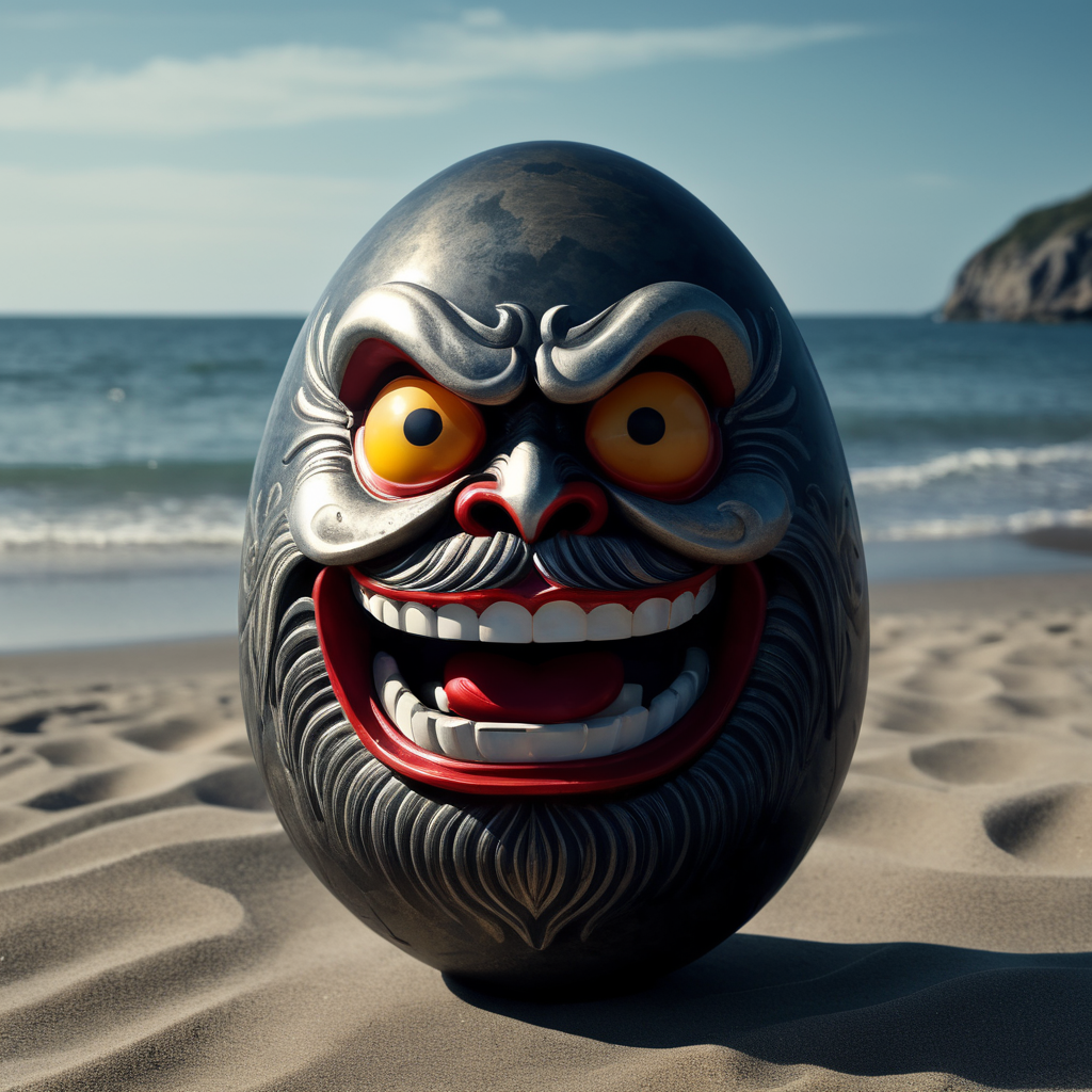 Japanese happy daruma figure as an egg. Situated on a beach close to the sea. only one eye is painted