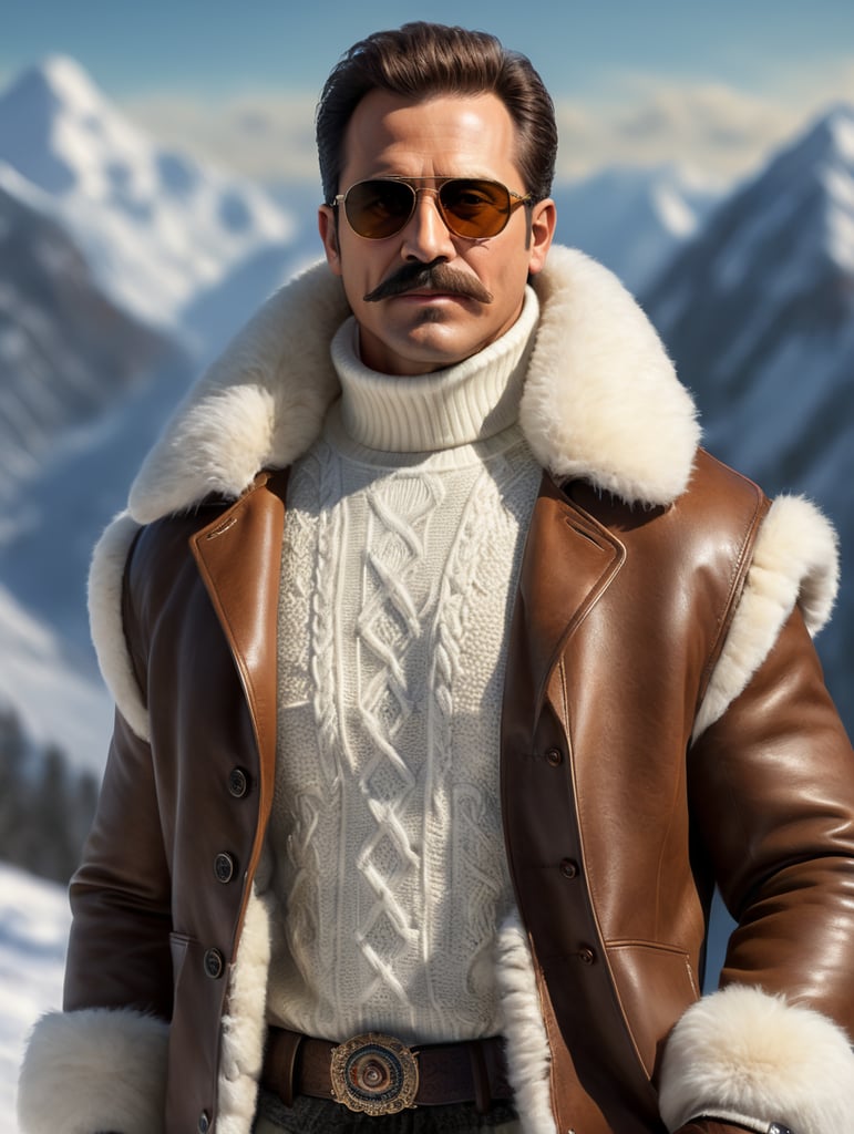 Uomo di 40 anni con i capelli scuri, i baffi, gli occhiali da sole. Vestito con un maglione bianco a collo alto e sopra un montone marrone con il pelo sul colletto.