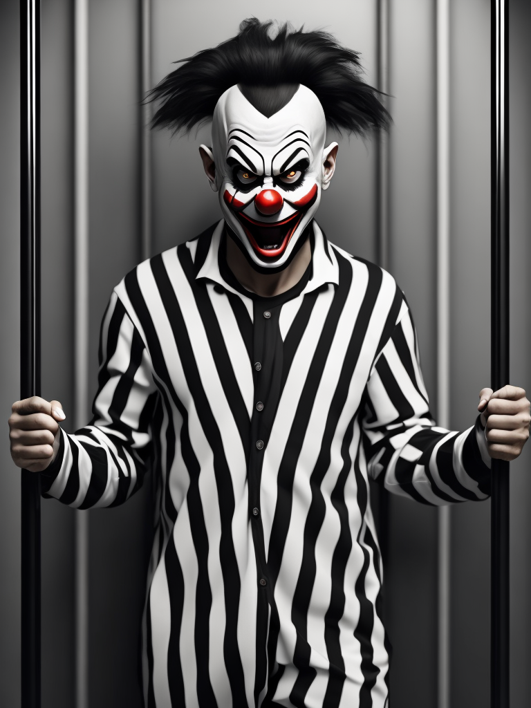 angry clown in a black and white stripes prison jumpsuit uniform