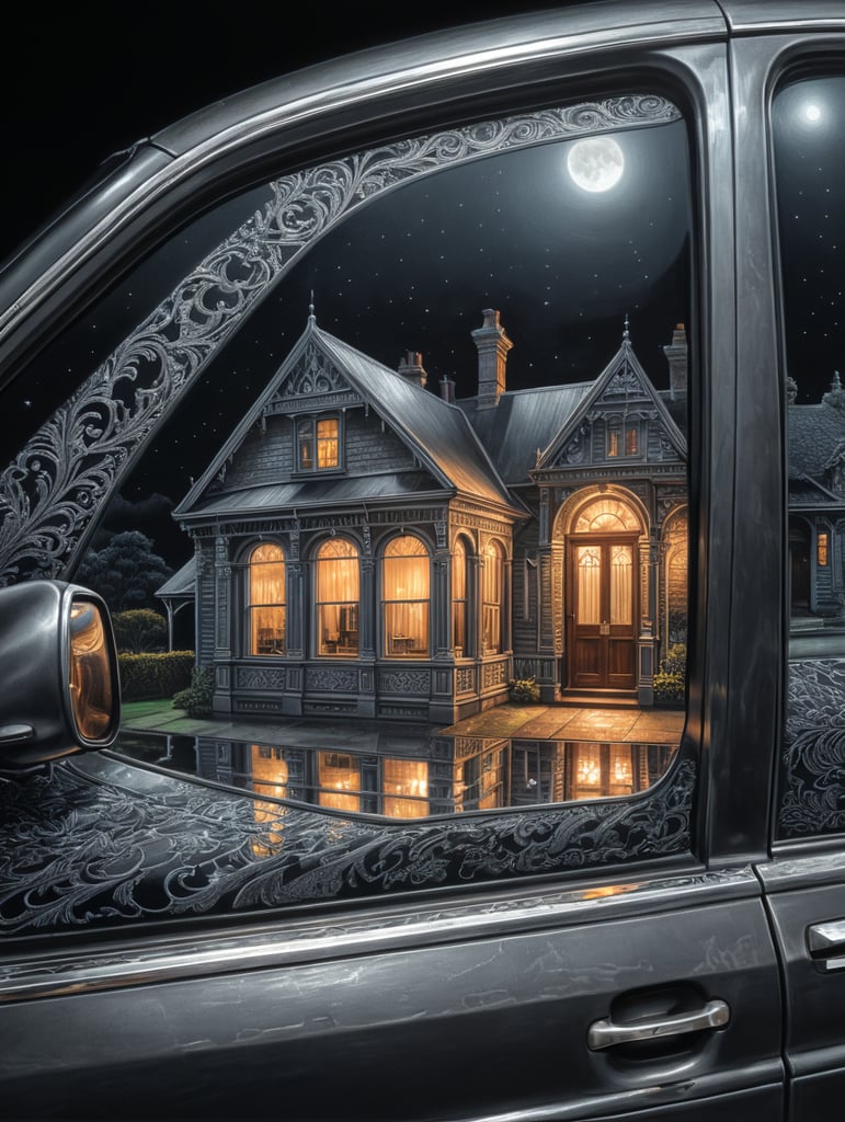 hand drawn in grey lead pencil detailed image of night refelctions on car side window of a man walking past , australian house