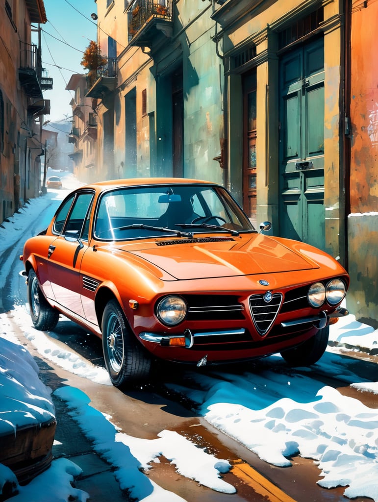 1970 coupe alfa romeo stuck o the snow. front door open. aereal photo. the driver is runing away. oil paint. detailed, sharp focus, highly detailed,