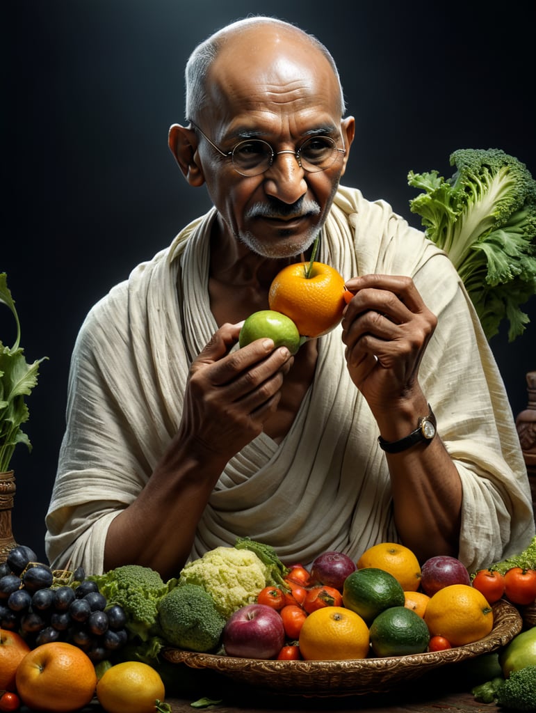 mahatma gandhi eating fruit and vegetable high resolution 4k high quality detailing image