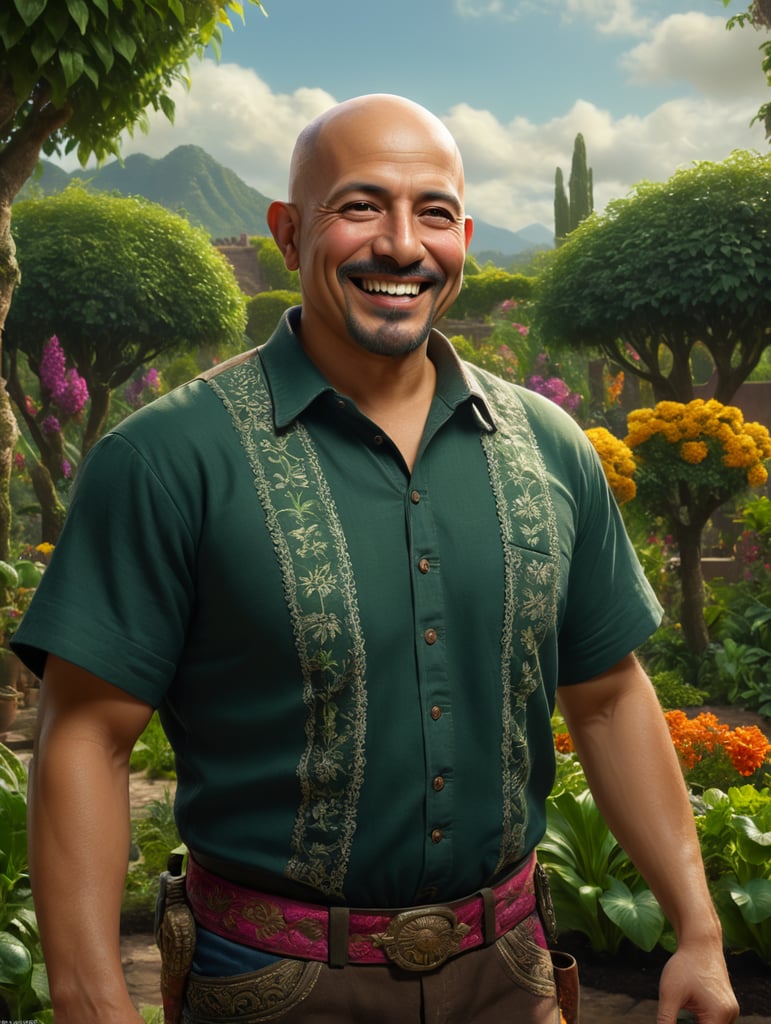 Bald Mexican man, smiling, garden background