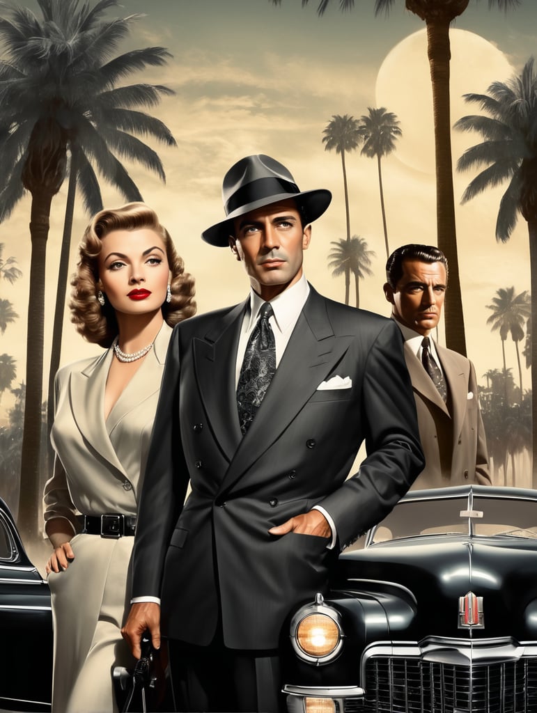 Hollywood 1940's film noir poster collage, glamorous woman, handsome older man in suit, mafia, Cadillac, spotlights, movies, palm trees.