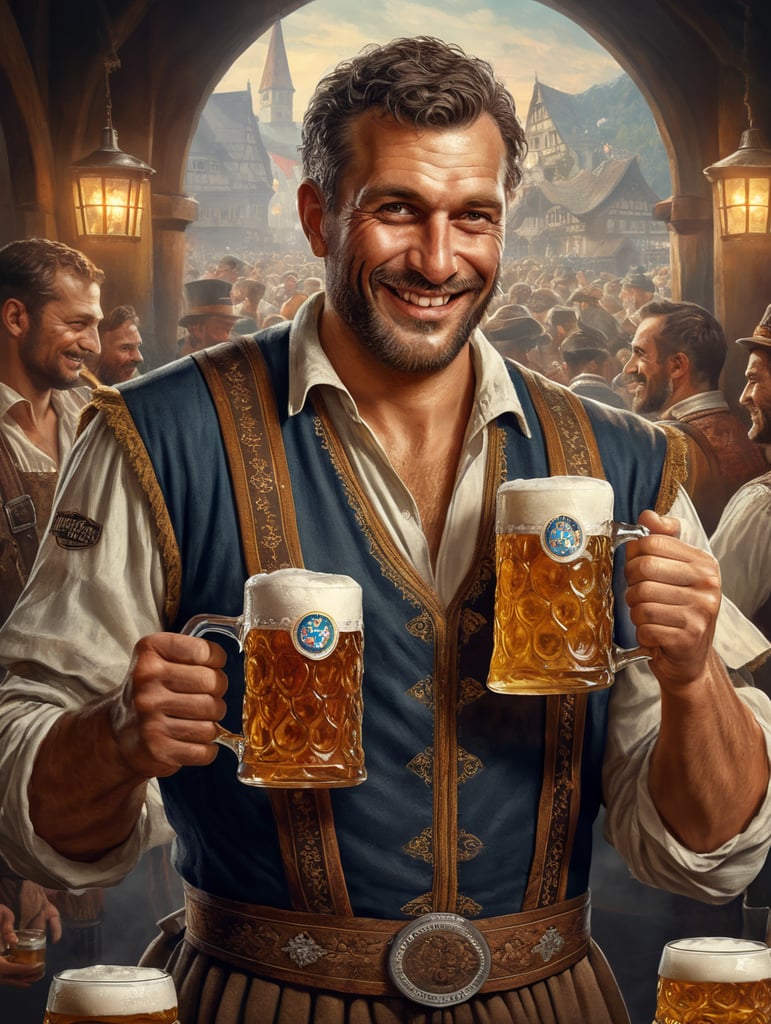 Bavarian man holding a mug of a beer, happy, traditional german costume, Oktoberfest, poster