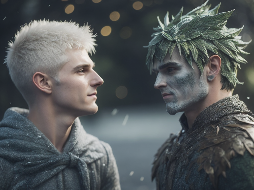 jack frost and green man facing each other, fighting, battle, winter on jack frost's side, summer on green man's side