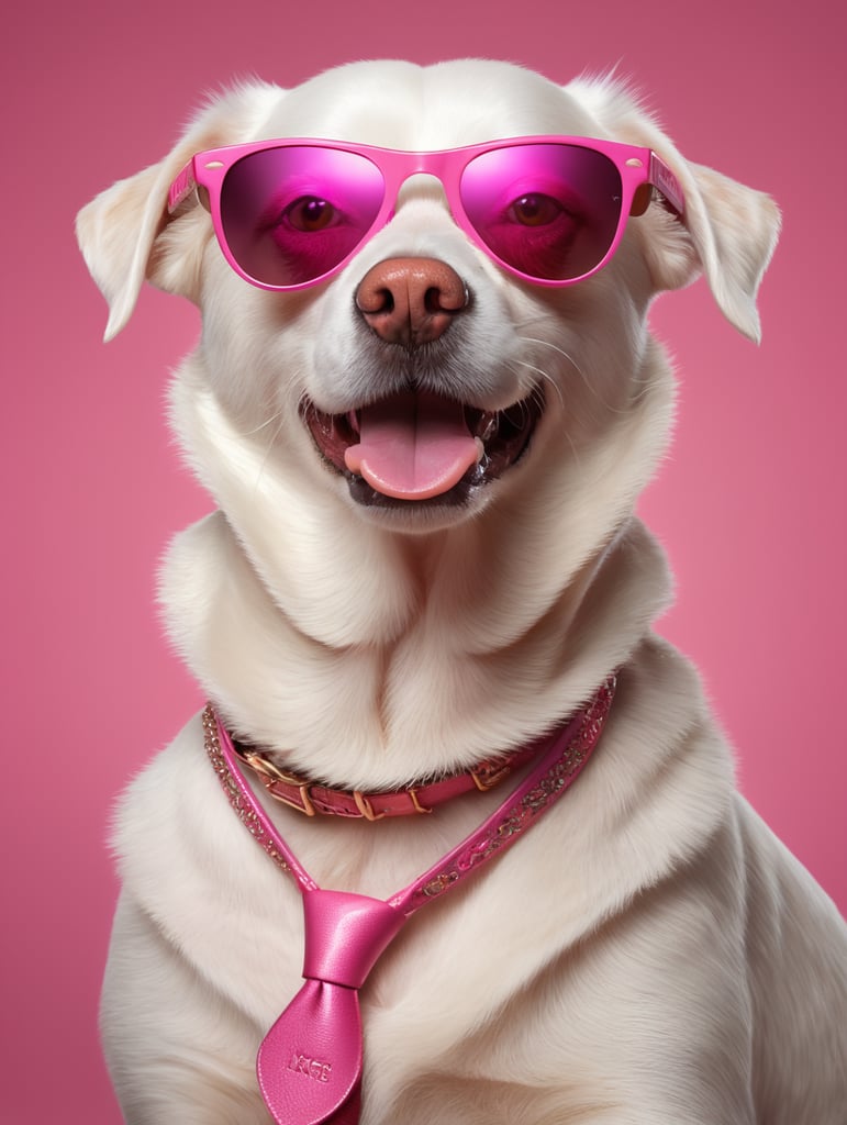 portrait of a white dog, wearing pink sunglasses, pink background, bright colors