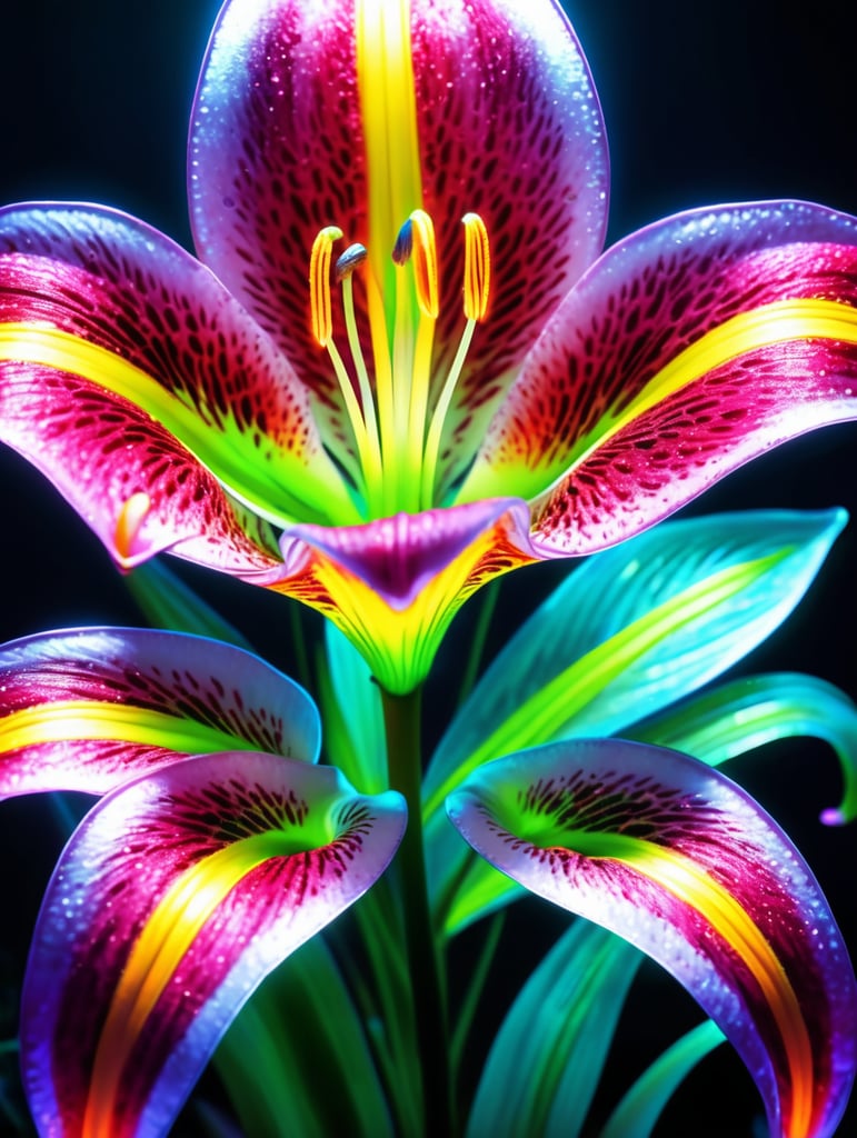 bioluminescent flower Lily, hyper detailed rendering, 4k, magic light, neon watercolours