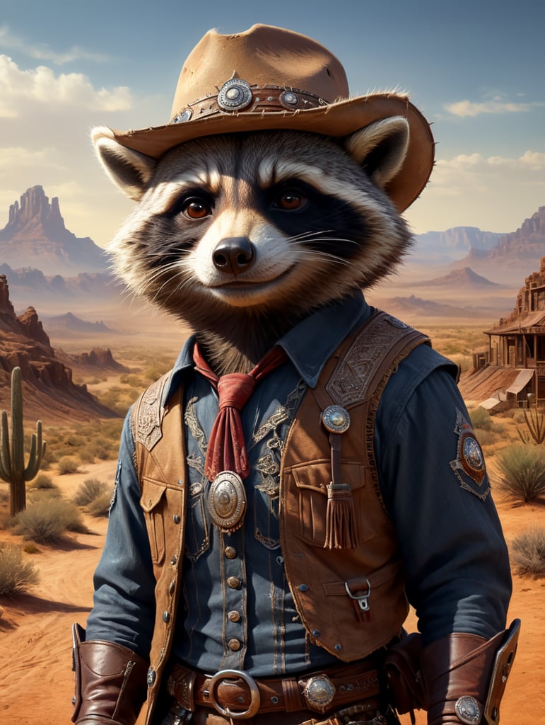 Cheeky racoon. Eye winking. dressed as a cowboy in a desert country and western setting