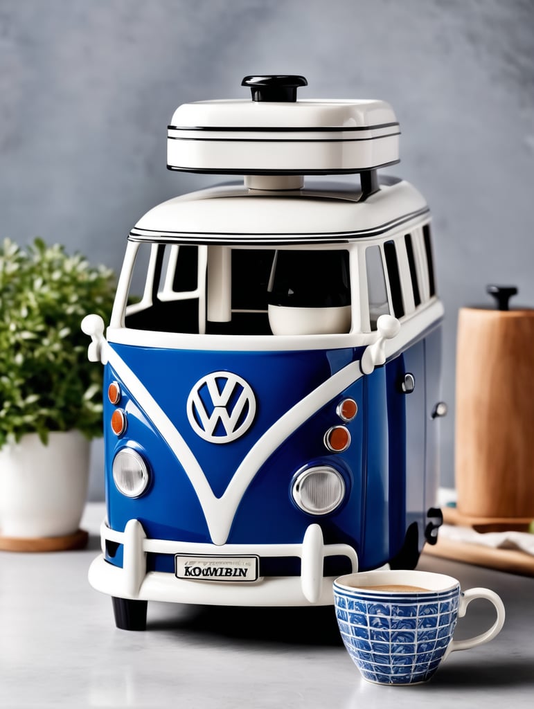 a vintage coffee maker shaped like a blue and white volkswagen kombi, grain grinder on top, coffe mug, kitchen, realistic