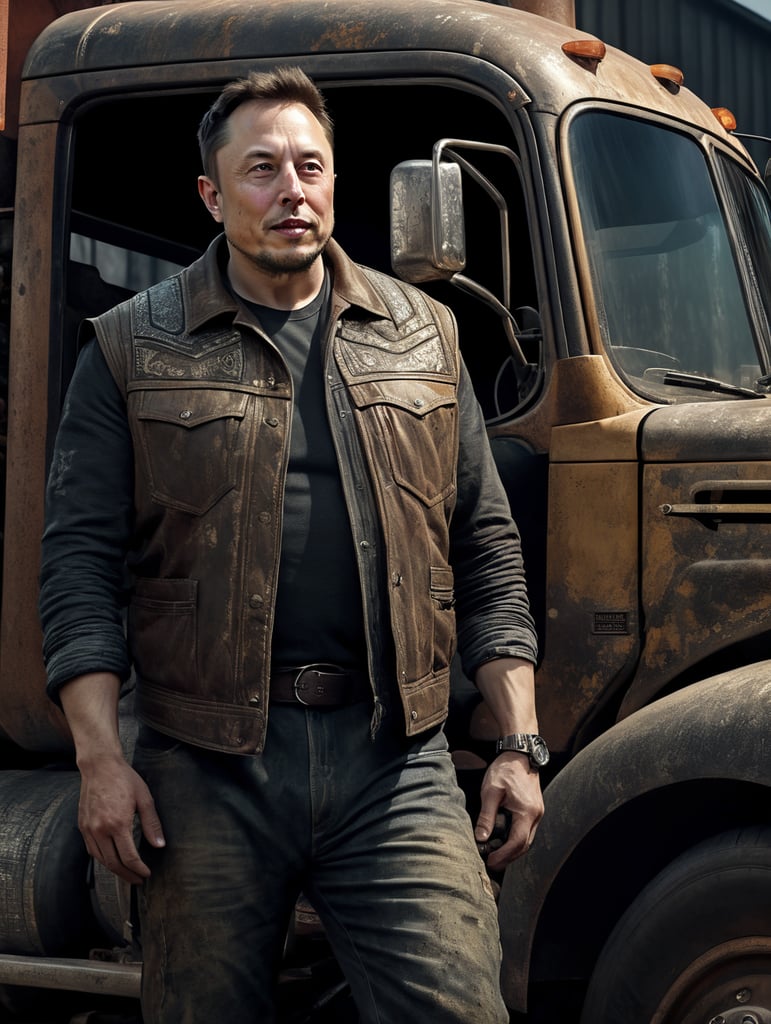 Elon Musk as a Trucker wearing old and dirty clothes