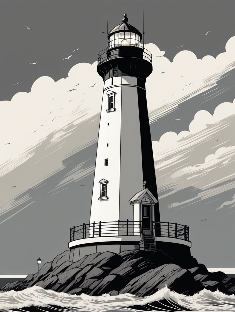 A lighthouse, black and white, comic-style