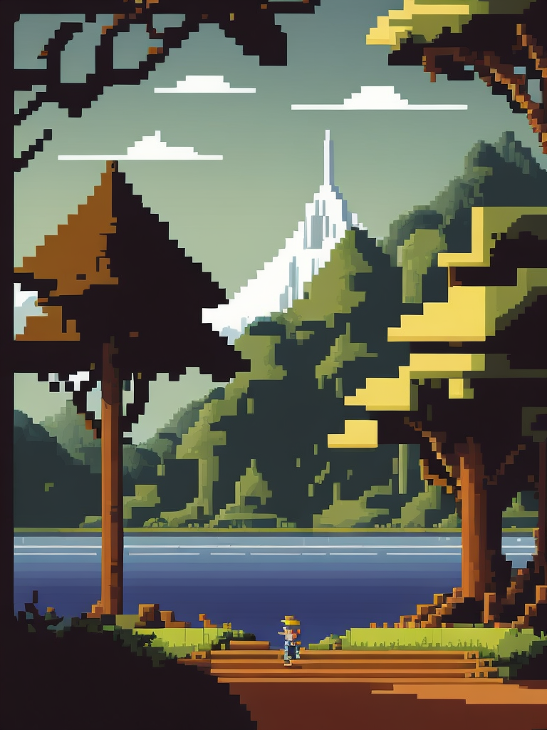 Landscape, pixel art, big pixels, square pixels, vector
