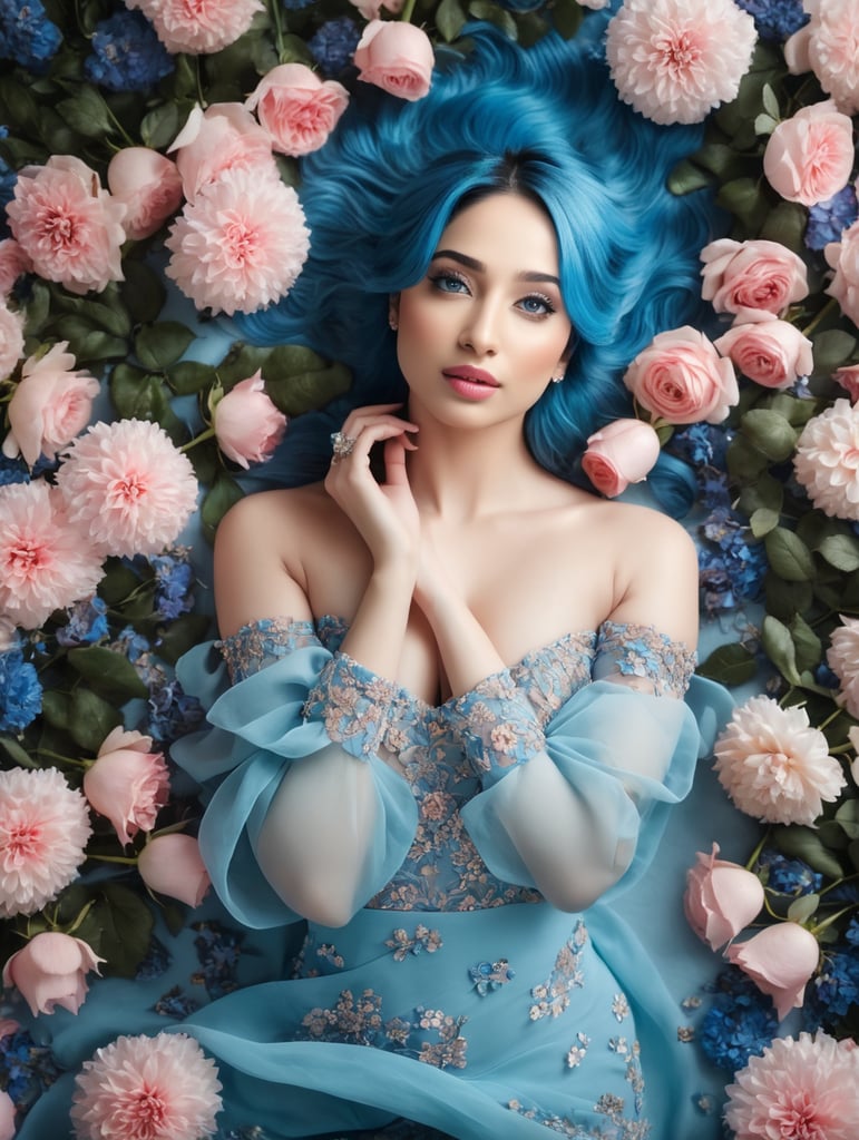Desktop HD wallpaper: Tamannaah Bhatia,Flower, Rose, Dress, Model, Women, Blue Eyes, Blue Hair, Long Hair, Lying Down free download background picture,Human laying in flowers, top view, cinematic, dark light, beautiful colors, detailled, 4k