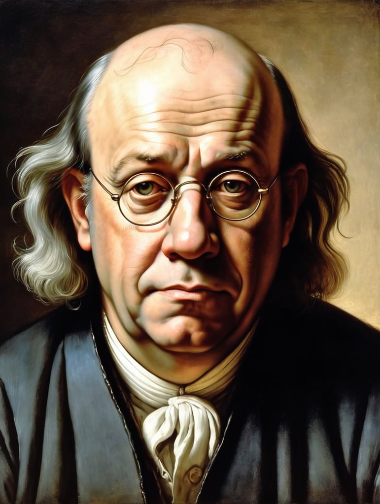 Portrait of Benjamin Franklin by Rembrandt Harmenszoon van Rijn, sad face, America, so sorry