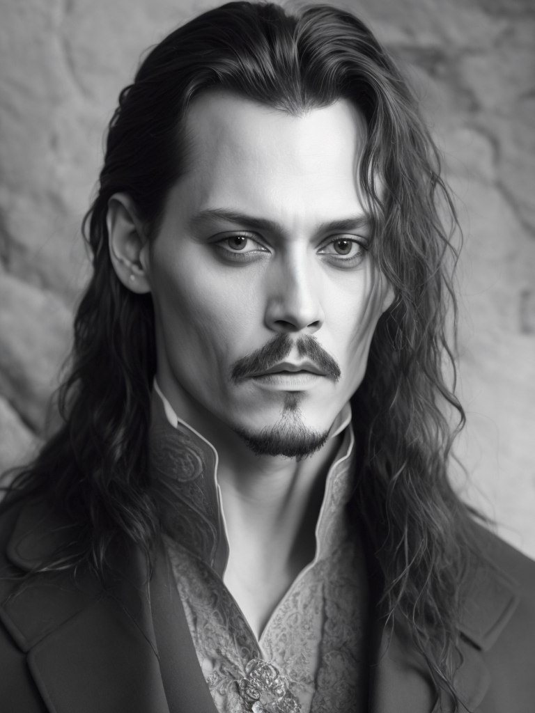 Portrait of Johnny Depp as Count Dracula, majestic look, long hair, mantle, against the backdrop of a medieval castle, detailed background, contrasting light, detailed face, muted tones