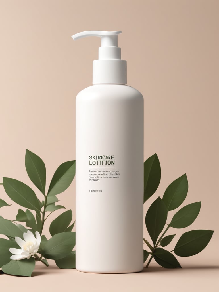 Skincare lotion blank bottle mockup, botanical background