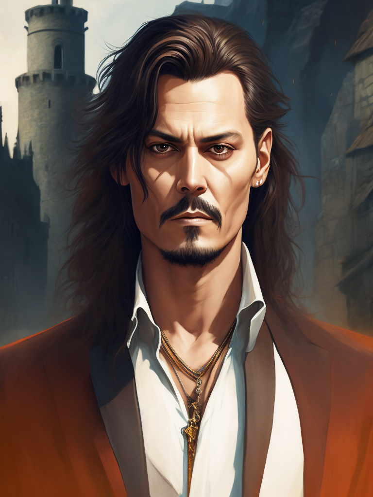 Portrait of Johnny Depp as Count Dracula, majestic look, long hair, mantle, against the backdrop of a medieval castle, detailed background, contrasting light, detailed face, muted tones