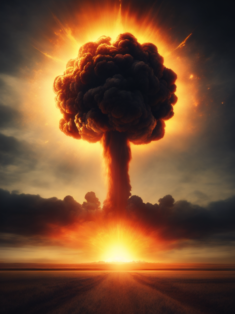 Dramatic Nuclear explosion, empty field, realistic image, lots of details