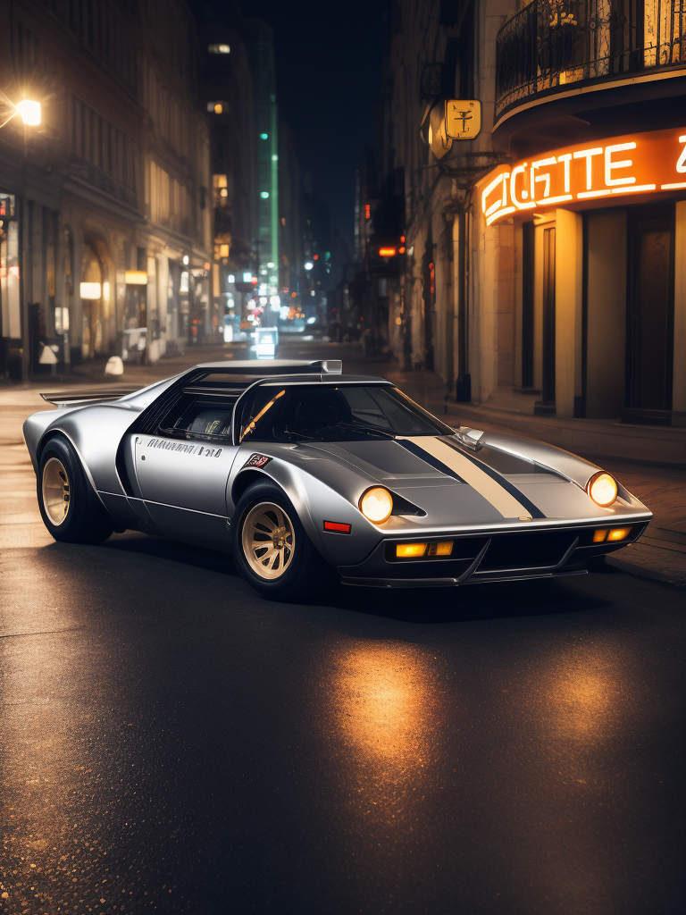 analog gloomy photo of a silver Lancia Stratos Zero car, low view, ground level view, diagnoal view, brushed aluminum, driving on a busy city street at night, dark photo, neon lights, smokey atmosphere