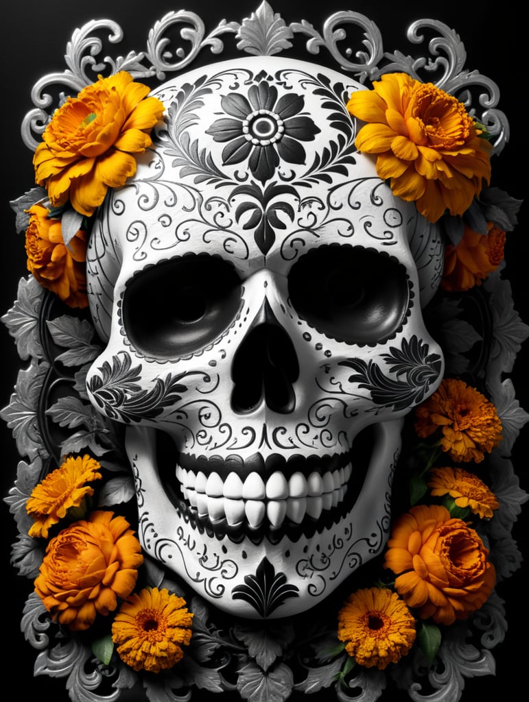 black and white logo of Day of the dead, santa madre sugar skull with marigold flowers