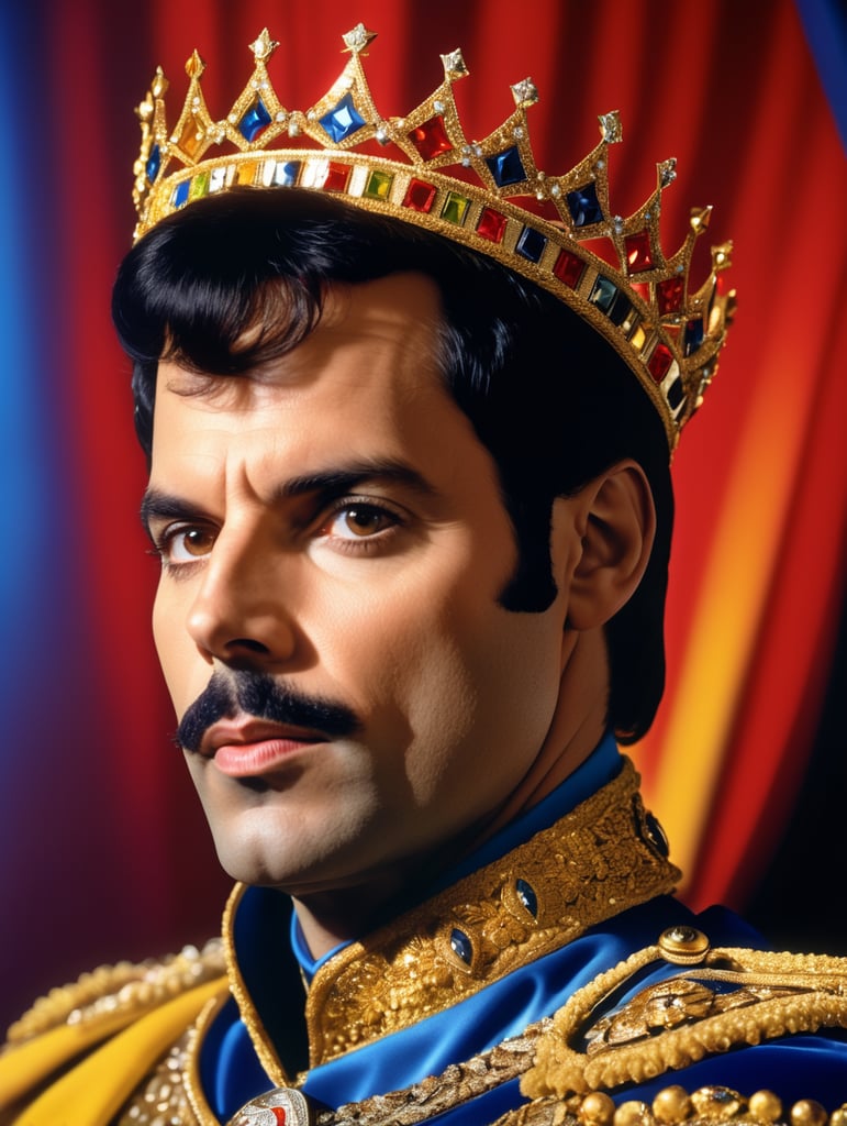 Portrait of Freddie Mercury wearing the Queen's crown, royal mantle, Vivid saturated colors, Contrast light, studio photo, professional photo, Detailed image, detailed face