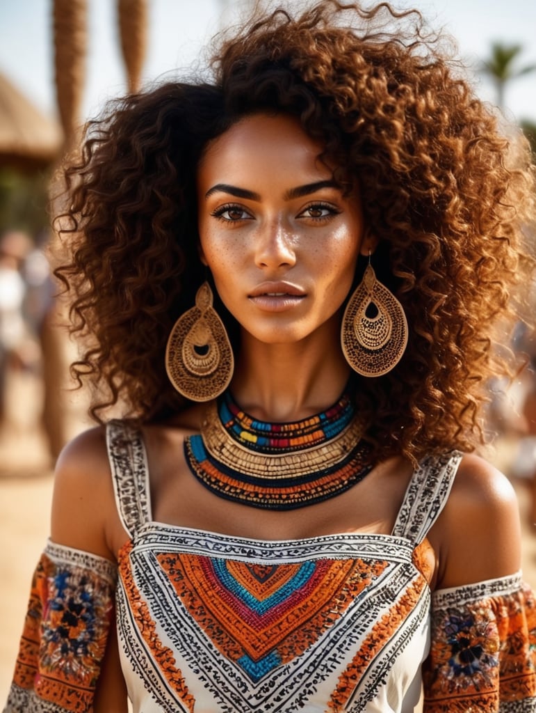 beautiful freckled African embroidered dress stunning fashion Coachella photo 8k tanned skin fashion inspiration curly goddess summer style fashion photography