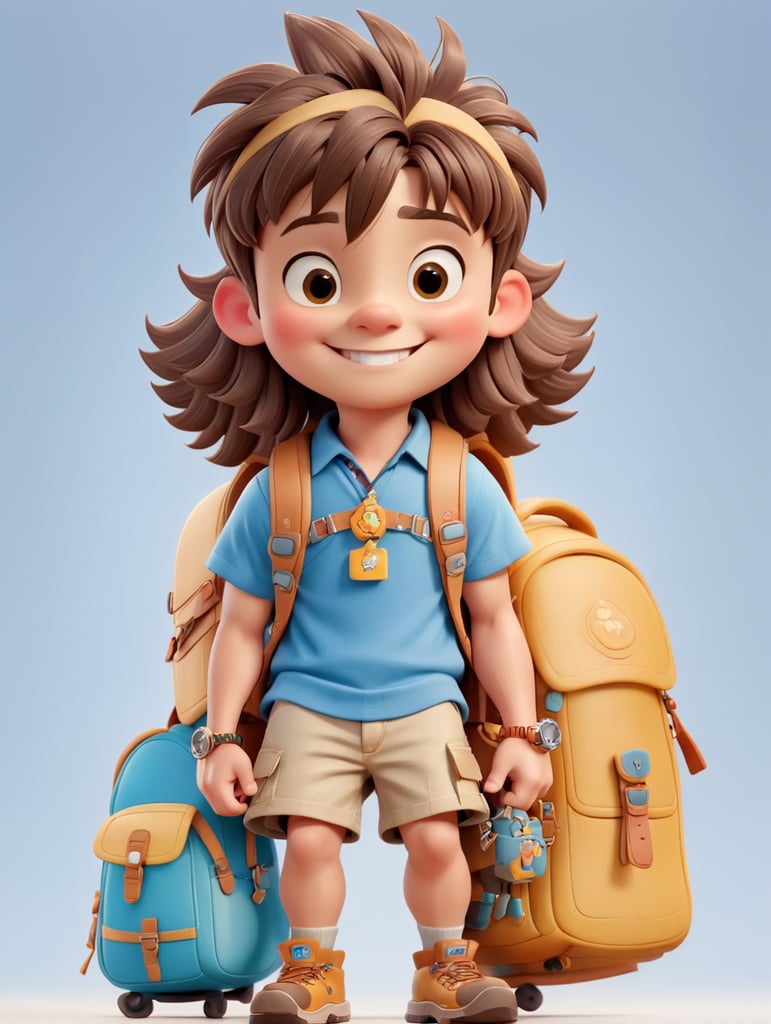 Personagem infantil. estudante com mochila, masculino, de pele branca, caeblo curto, de corpo inteiro, sorrindo, fazendo jóia com o polegar, com fundo transparente