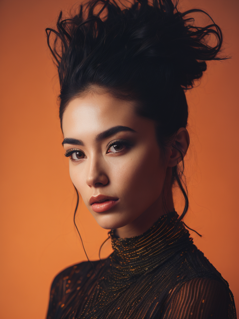 a fashion studio photo of a woman dressed in a black dress made of electrical wires, perfectly lit, solid orange background, Vivid saturated colors, Contrast color, studio photo, professional photo, Rich colors, Detailed image, detailed face