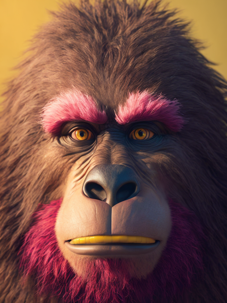 Very fluffy Bigfoot with one eye, yellow fluff, bright pink background