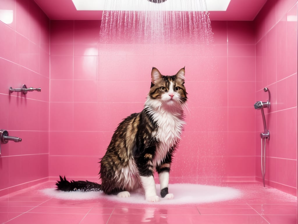 Happy wet cat with full body and tail in a very large shower room. Lots of bubbles and foam. Pink background. Panoramic