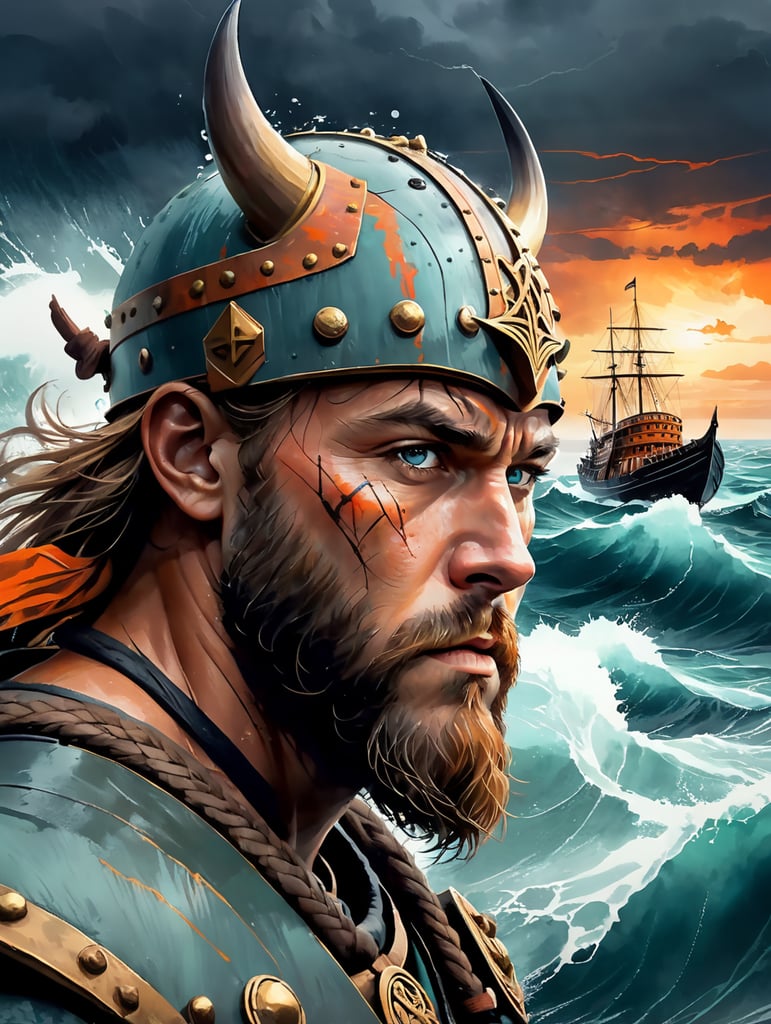 A portrait of viking warrior at the boat in the ocean, stormy weather