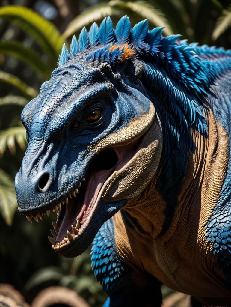 Blue feathered Tyrannosaurus rex, Vibrant colors, Depth of field, Incredibly high detail, Blurred background