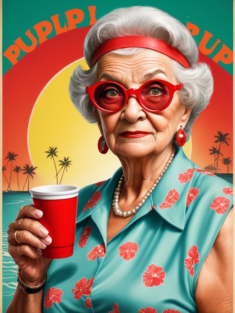Miami granny holding a red cup eye-catching poster-style drawing and illustration representing the iconic pulp style.