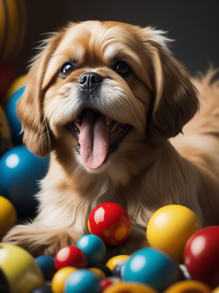 happy female caramel shih tzu dog surrounded by toys with tongue out hyper realistic depth of field colorful bright